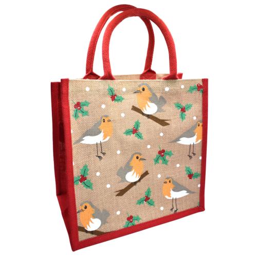 Jute shopper or Christmas gift bag, robins design 30x30cm