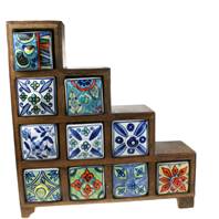 Wooden mini chest, 4+3+2+1 ceramic drawers