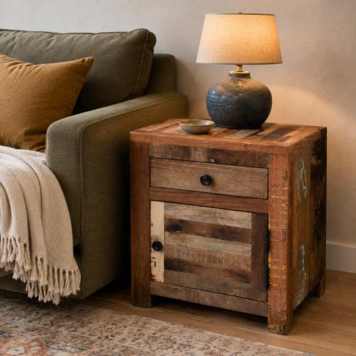 Bedside Cabinet Retro Recycled Wood