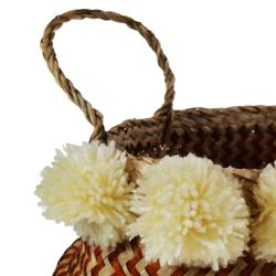 Woven seagrass basket with pompoms, natural & tan 25cm