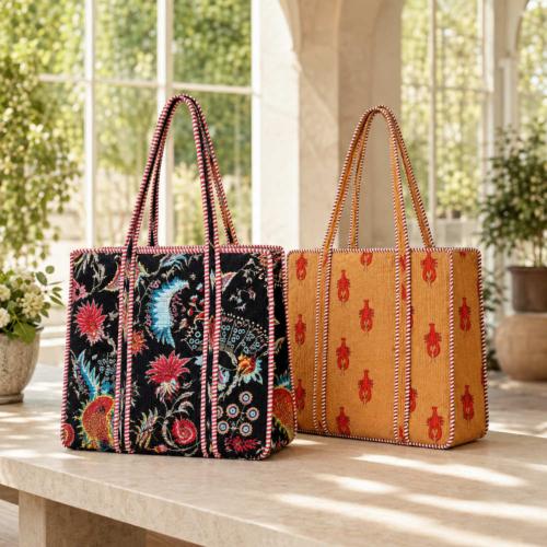 Tote Shopper Bag Quilted Recycled Cotton Assorted Browns/Black