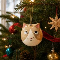 Cat Hanging Decoration Papier Mâché Light Brown 5cm