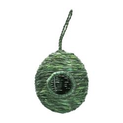 Bird house, woven banana fibre on wire frame, oval, green