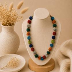 Necklace, Recycled Shrimp Net Tied Up + Wooden Beads Multicoloured