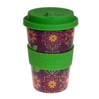 Reusable travel cup, biodegradable, folk florals maroon