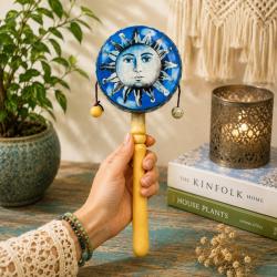 Rattle Albesia Wood Sun Face Light Brown Handle