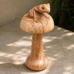 Hand-Carved Frog on Toadstool Sculpture