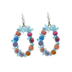 Earrings Beaded Loop Glass Blue + Multicolour Cloth