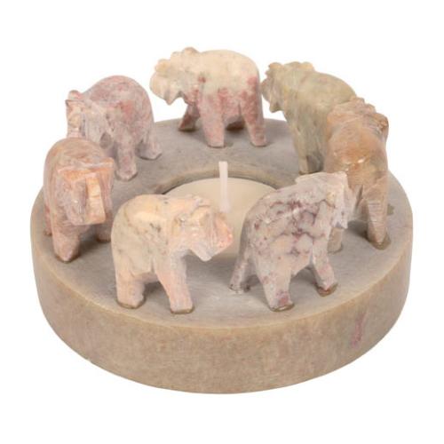 Stone tealight holder elephant circle brown