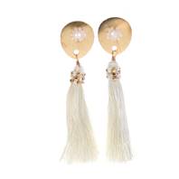 Ear studs, rose coloured gold, disc with white tassel