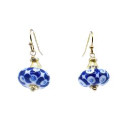 Earrings Ceramic Round Floral Blue
