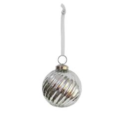 Glass Bauble Round Swirly Pattern 7.5cm Silver Colour