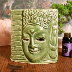 Ceramic Green Triangular oil burner featuring Buddha 10 x 8 x 11cm