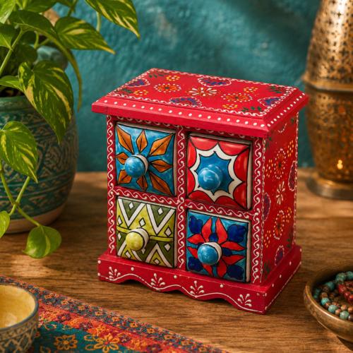 Mini Chest Mango Wood Red 4 Ceramic Drawers 17x10x17cm