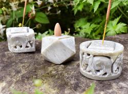 Geometric Soapstone incense/candle holder, 8 x 8cm