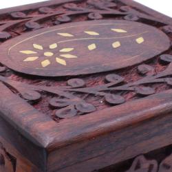 Jewellery/Trinket box, Sheesham Wood Floral Carved + Brass Inlay 10x10cm