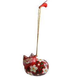 Hanging cat decoration, flowers on red, papier maché