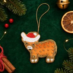 Hanging Christmas Decoration Highland Cow Santa Hat Beaded 
