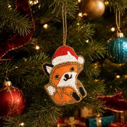 Hanging Christmas Decoration Fox With Santa Hat Beaded 
