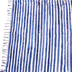 Dhurrie rug, recycled denim blue white stripes, 80x120cm