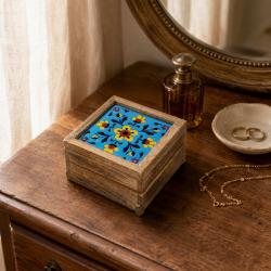 Secret Lock Box Mango Wood with Tile - Floral on Blue