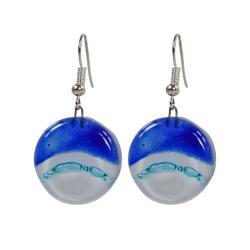 Earrings, glass round blue and white 2cm diameter