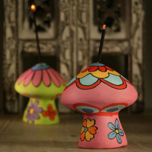 Incense holder, painted clay mushroom shape, assorted