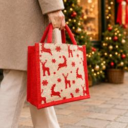 Jute shopper or Christmas gift bag, reindeer design, 30x30cm