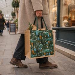 Jute Gift / Shopping Bag, Winter Scene 30x30cm