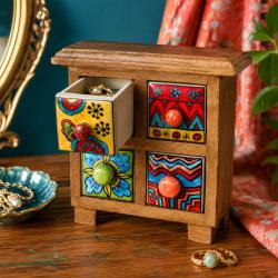 Mini Chest Mango Wood 4 Ceramic Drawers Multicoloured 19x10x18cm 