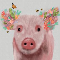 Greetings Card, Floral Pig, 16x16cm