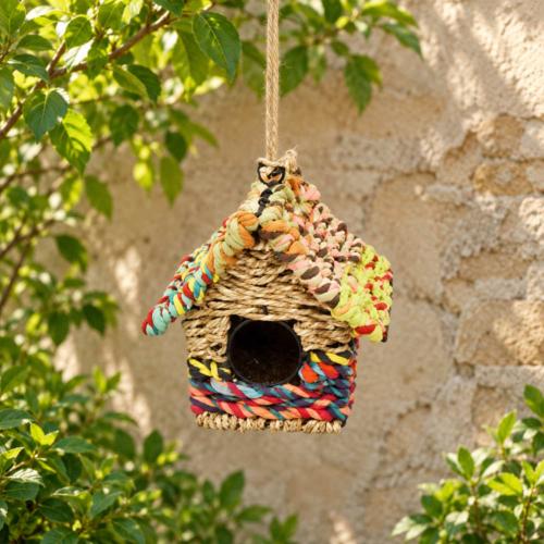 Birdhouse, recycled fabric, in the shape of a house, 16x16x17cm, made in India
