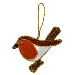 Hanging decoration, embroidered velvet, robin