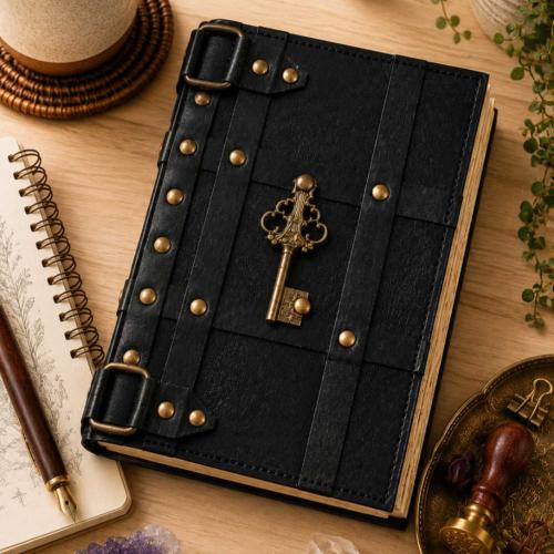 Notebook with Key Leather Bound Black 13 x 18cm