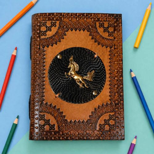 Notebook Leather Bound Old World with Metal Horse 13 x 18cm