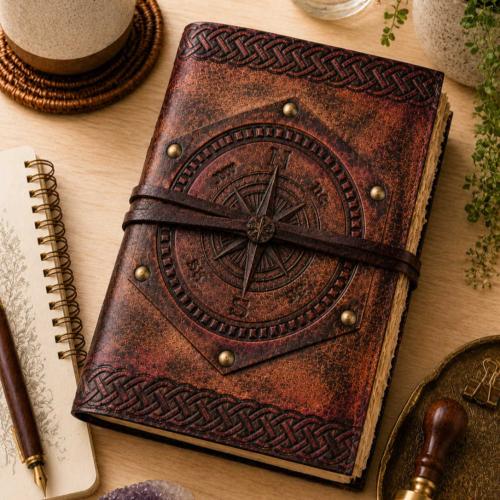 Notebook Leather Bound Compass 13 x 18cm