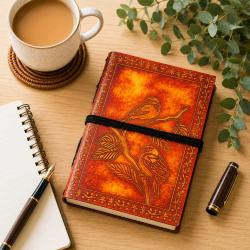 Notebook Leather Bound 2 Birds Orange 13 x 18cm