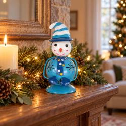 Lets Boogie, Blue Snowman Christmas Ornament, wearing a striped hat, size 10x10x18cm