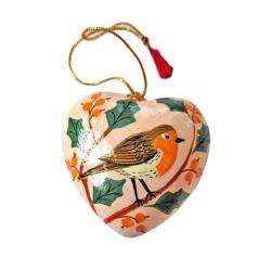 Hanging Heart Decoration Papier Mâché Robin Design 7.5cm
