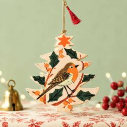 Hanging Tree Shape Decoration Papier Mâché Robin Design 8cm