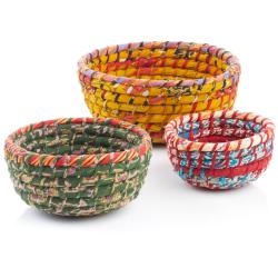 Set of 3 round nesting baskets, recycled sari material