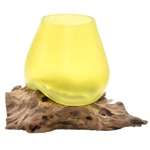 Shaped yellow bowl on wood, recycled glass approx 17-21cm
