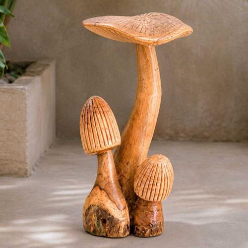 Hand-Carved Three Toadstool Sculpture (36cm)
