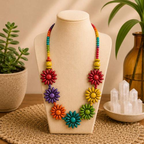 Necklace Handpainted Wooden Multicolour Flower Shape Beads