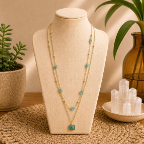 Necklace with Flower Shaped Beads + Jade Colour Stone