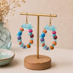 Earrings Beaded Loop Glass Blue + Multicolour Cloth