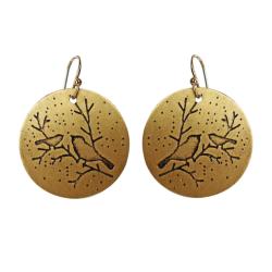 Earrings, Brass round drop engraved with birds on branches 2.5cm diameter