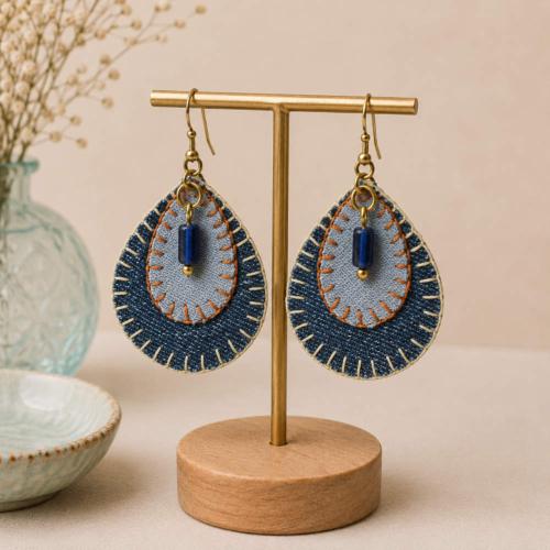 Earrings recycled denim jeans, teardrop 2 layers