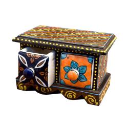Mini Chest Mango Wood Black 2 Ceramic Drawers 16x10x10cm