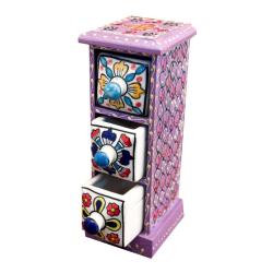 Mini Chest Mango Wood Purple 3 Ceramic Drawers Vertical 10x10x25cm